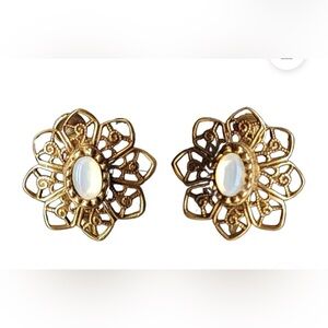 Vintage Art Nouveau Faux Opal Earrings Antique Gold Tone Clip on Retro